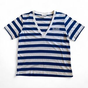 Ganni Logo Blue Striped V Neck Graphic Tee size medium